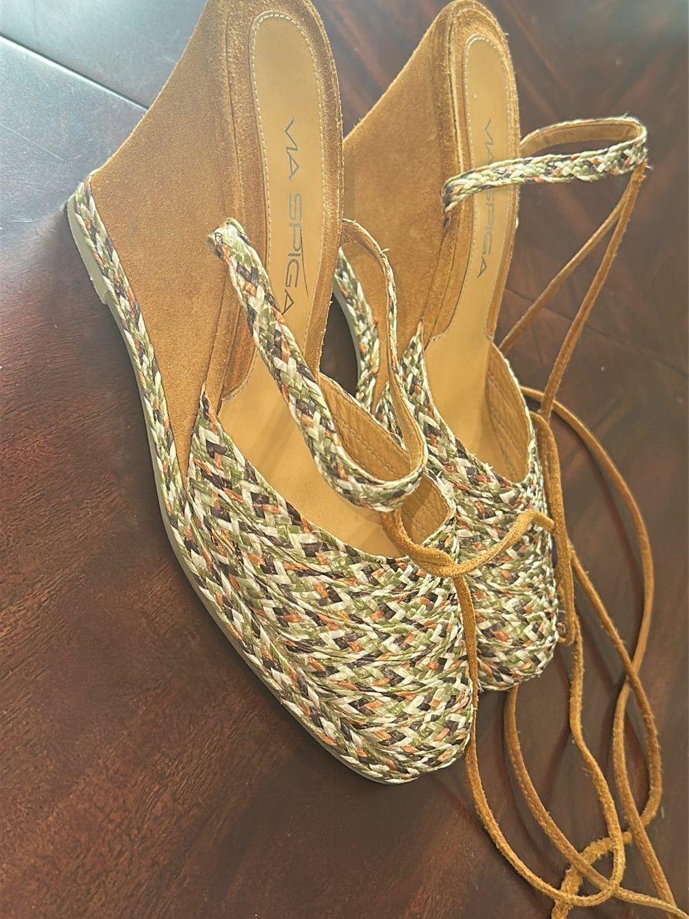 Via Spiga Tan Suede Lace-Up Woven Front Mules (shoe23)